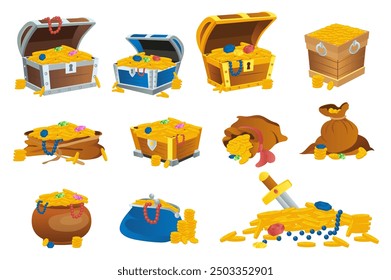 Pirate treasures mega set elements in flat graphic design. Bundle objects of cartoon open wooden chests with golden coins, gemstones and jewellery, bags and wallet with money. Vector illustration.