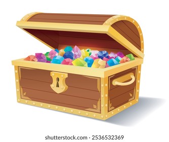 Pirate treasures. Opened wooden chest treasure box fill of gemstones isolated vector illustration