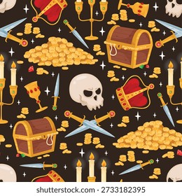 Pirata tesouros padrão sem costura. Moedas de ouro. Baús de madeira. Pedras preciosas. Armas frias e velas acesas. Impressão repetida. Crânio de Filibuster. Riqueza corsária. Caixote medieval. Plano de fundo do vetor