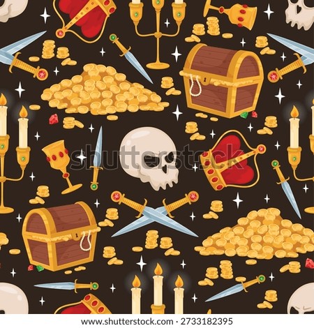 Pirate treasures seamless pattern. Gold coins. Wooden chests. Precious stones. Cold weapons and burning candles. Repeated print. Filibuster skull. Corsair wealth. Medieval crate. Vector background