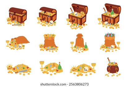 Pirate treasures. Treasure chests, piles of gold and jewels. Chest and bags with coins and gems.