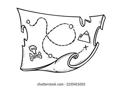 Pirate tresure map. Sketch of torn map for treasure hunt or wanderlust. Vector illustration isolated in white background