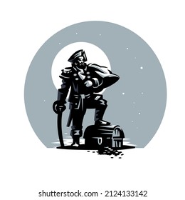 A pirate in a triangle leans on a saber and stands with one foot on a treasure chest. Against the background of the moon and stars.