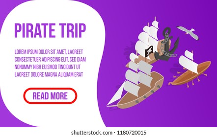 Pirate trip banner. Isometric banner of pirate trip vector concept for web, giftcard and postcard