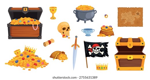 Pirate trophy. Treasure chest gold coin bag set, medieval money box jewel crown fortune pirate map cartoon game ancient wooden safe skull crown asset gui, kicky vector illustration