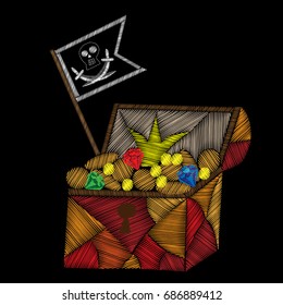 Pirate trunk with treasure and pirates flag embroidery stitches imitation on black background. Embroidery vector illustration with trunk with money, diamond and other. 