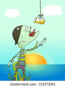 Pirate trying to drink beer with tentacles wrapping his body and with the sea and sunset on the background