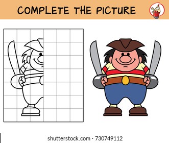 Pirate with two cutlasses. Copy the picture. Coloring book. Educational game for children. Cartoon vector illustration