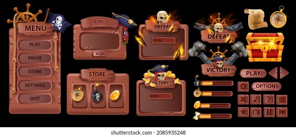 Pirate UI game set, corsair wooden interface menu background, vector button bar kit, victory defeat badge. Timber frame blank sign, plank level up board, store window banner. Pirate game collection svg