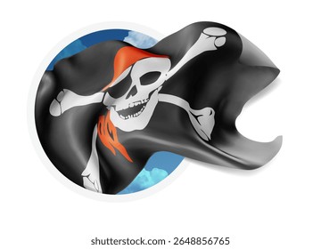 Pirate, vector 3d flag against a blue sky, through a round hole on a white background
