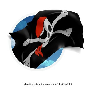 Bandera del pirata, Vector 3d contra un cielo azul, a través de un agujero redondo en un fondo blanco