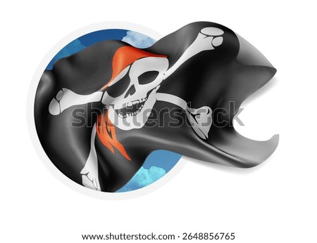 Pirate, vector 3d flag against a blue sky, through a round hole on a white background