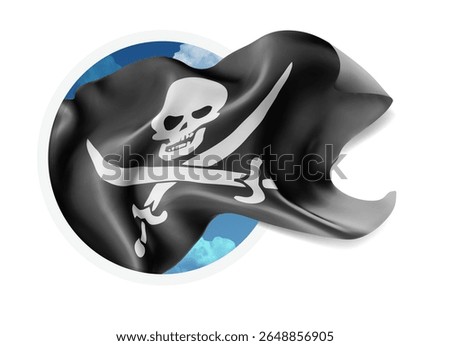 Pirate, vector 3d flag against a blue sky, through a round hole on a white background