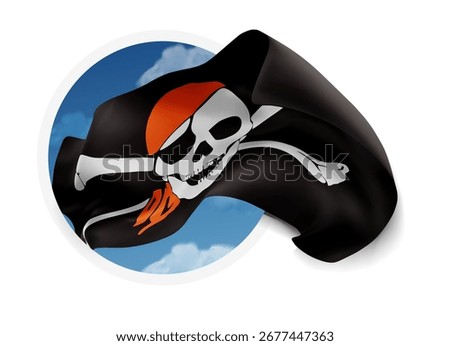 Pirate, vector 3d flag against a blue sky, through a round hole on a white background