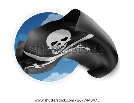 Pirate, vector 3d flag against a blue sky, through a round hole on a white background