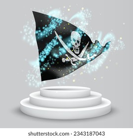 Pirate, Vektor-3D-Flagge auf dem Podium, umgeben von einem Wirbelwind magischer Strahlung