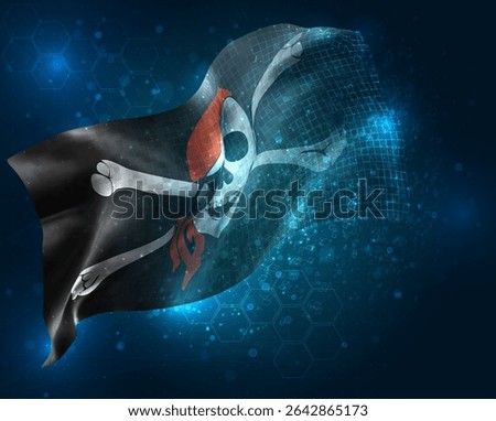Pirate, vector 3d flag virtual triangular polygons on a blue background