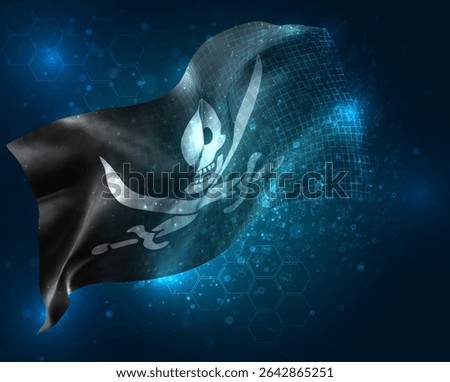 Pirate, vector 3d flag virtual triangular polygons on a blue background