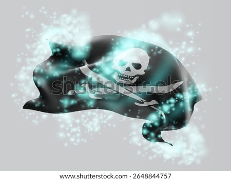 Pirate, vector 3d flag in whirlwind of magical radiance