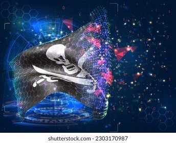 Pirate,  vector flag, virtual abstract 3D object from triangular polygons on a blue background