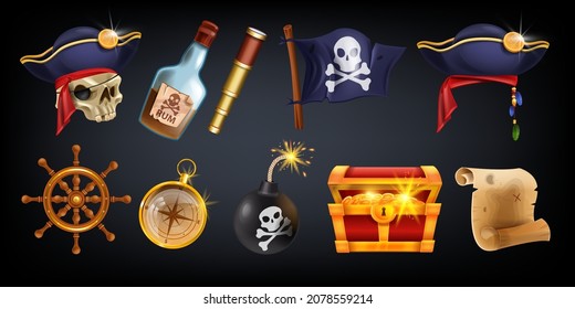 Pirate vector game icon set, cartoon corsair treasure object kit, wooden wheel, chest, jolly roger. Vintage Caribbean object, golden compass, spying glass, UI slot casino badge. Pirate icon collection