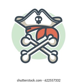 Indicador de icono del vector pirata de los huesos cruzados y el botín de sombrero de tricorne