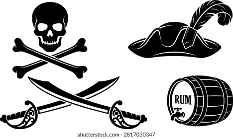 Pirate Vector Icon Set Featuring Jolly Roger Skull and Crossbones Feathered Tricorn Hat Crossed Cutlass Swords and Wooden Rum Barrel Graphics.eps
