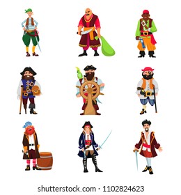 Pirate vector piratic character buccaneer man in pirating costume in hat with sword illustration set of piracy sailor person isolated on white background