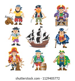 Pirate vector piratic character buccaneer man in pirating costume in hat with sword illustration set of piracy sailor person and ship or sailboat isolated on white background