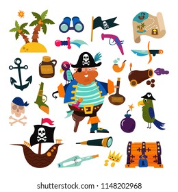 Pirate vector piratic character buccaneer man in pirating costume in hat with sword illustration set of piracy signs and ship or sailboat isolated on white background