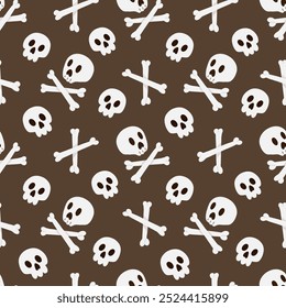 Pirate vector seamless pattern. Jolly Roger on a dark background. Spooky Halloween cartoon design with skull and crossbones. Hand drawn fabric design, package paper, print