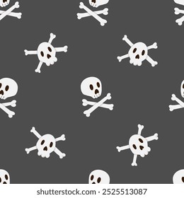 Pirate vector seamless pattern. Jolly Roger on a dark background. Spooky Halloween cartoon design with skull and crossbones. Hand drawn fabric design, package paper, print