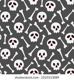 Pirate vector seamless pattern. Jolly Roger on a dark background. Spooky Halloween cartoon design with skull and bones. Hand drawn fabric design, package paper, print