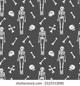 Pirate vector seamless pattern. Skeleton on a dark background. Spooky Halloween cartoon design with skull and crossbones. Hand drawn fabric design, package paper, print