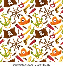 Patrón sin fisuras de Vector pirata. La espada pirata, bandera, ancla, sombrero, revólver pirata sobre un fondo blanco. Diseño de dibujos animados náuticos decorativos infantiles lindos. Diseño de tela dibujado a mano o paquete de papel.