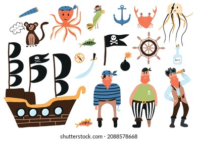  Piratenvektorsatz. Set von süßen Piraten, Schiff, Piraten Tiere, Flagge, Rum, Bombe. Piraten-Kinder-Set.