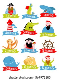 Pirate Vector set of stickers for children 1 - 12 months. Cartoon characters. Pirates, shark, lighthouse, monkey, crocodile, chest, treasure, sea, clouds, summer, parrot wheel. Birthday.