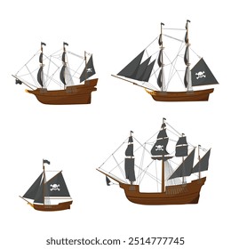 Pirate vessel with jolly roger skull on black sail.  Adventure voyage. Water transport. Old wooden ship vector icon set.  Sailing ship, wind sail boat pirate frigate warship longboat