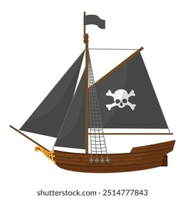 Pirate vessel with jolly roger skull on black sail.  Adventure voyage. Water transport. Old wooden ship vector icon.  Sailing ship, wind sail boat pirate frigate warship longboat