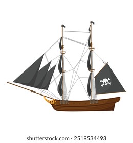 Pirate vessel with jolly roger skull on black sail.  Adventure voyage. Water transport. Old wooden ship vector icon.  Sailing ship, wind sail boat pirate frigate warship longboat, 