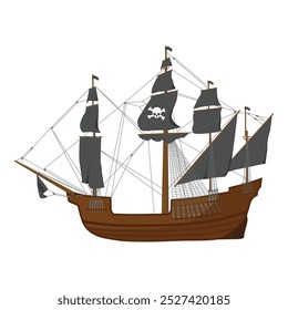 Pirate vessel with jolly roger skull on black sail.  Adventure voyage. Water transport. Old wooden ship vector icon.  Sailing ship, wind sail boat pirate frigate warship longboat, t sea galleon