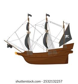 Pirate vessel with jolly roger skull on black sail.   Old wooden ship vector icon.  Sailing ship, wind sail boat pirate frigate warship longboat, traditional ancient sailboat sea galleon