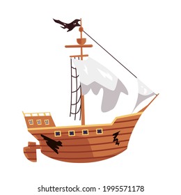 Pirate vessel, sailboat or sea ship with black flag cartoon icon, flat vector illustration isolated on white background. Old travel or nautical vehicle symbol.