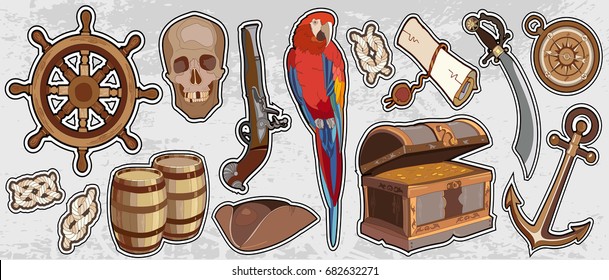 Pirate vintage elements. Adventure stories background. Treasure chest parrot steering wheel skull rum saber pirate hat, pirate stickers 