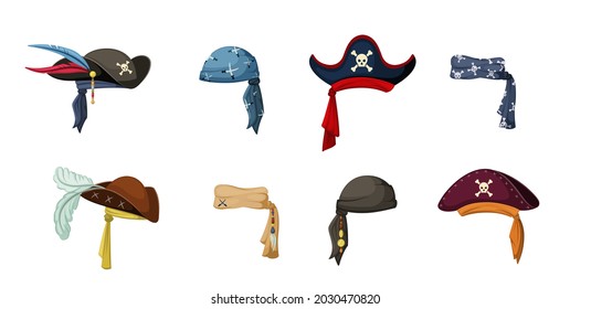 Pirate vintage hats set. Colorful headscarves and elaborate headwear with feathers symbols of corsair captain and sailor traditional outfit of sea robbers and raiders. Vector cartoon robbery.