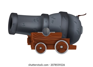 Pirate Vintage Iron Cannon, Vector Ancient Artillery Corsair Gun Illustration Isolated On White, Wooden Wheel. Old Military War Weapon, Medieval Historic Explosion Battle Object. Pirate Cannon Clipart