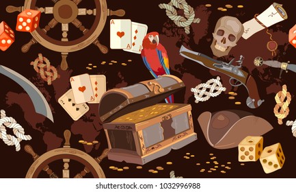 Pirate vintage seamless pattern Adventure stories. Treasure chest parrot steering wheel skull rum saber pirate hat, pirate seamless background 