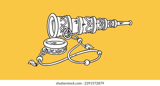 Pirate vintage spyglass for marine adventures. Retro telescope spy glass. Vector illustration isolated in yellow background