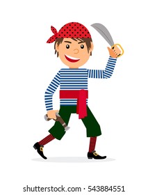 Pirate walking with knife and pistol. Vector illustration isolated on white background