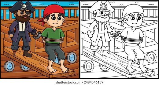 Pirate Walking the Plank Coloring Illustration